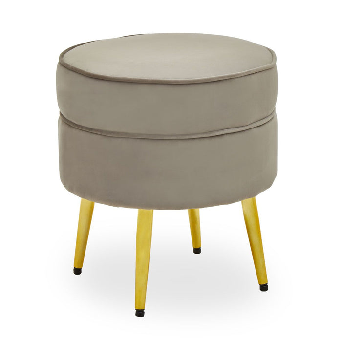 Tamra Round Velvet Footstool In Mink With Gold Angular Metal Legs