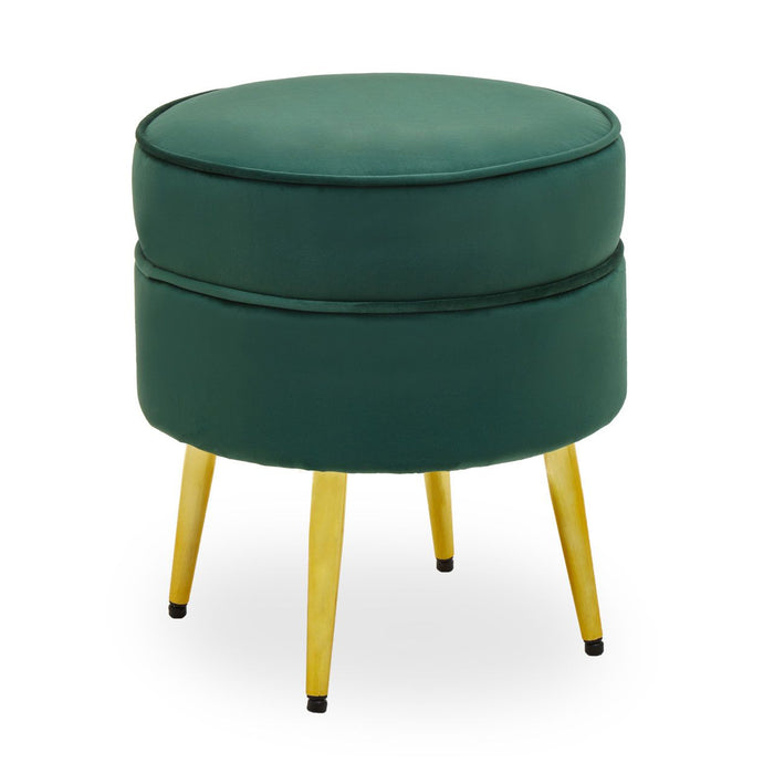 Tamra Round Velvet Footstool In Emerald Green With Gold Angular Metal Legs