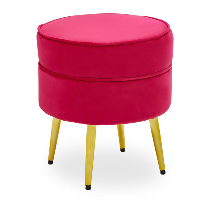 Tamra Round Velvet Footstool In Bright Pink With Gold Angular Metal Legs