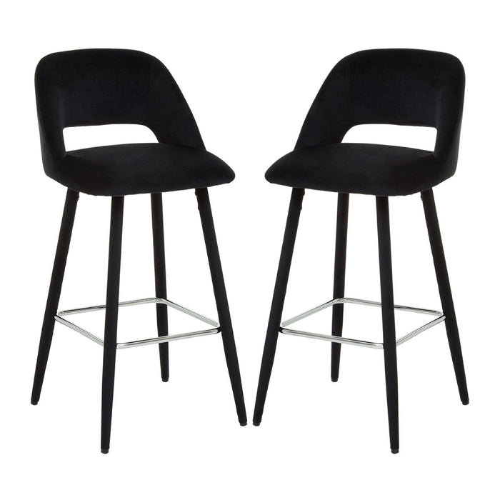 Warren Black Velvet Bar Chairs With Silver Metal Footrest In Pair