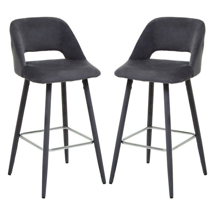 Warren Grey Velvet Bar Chairs With Silver Metal Footrest In Pair