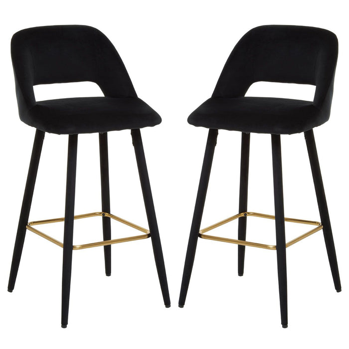 Warren Black Velvet Bar Chairs With Gold Metal Footrest In Pair