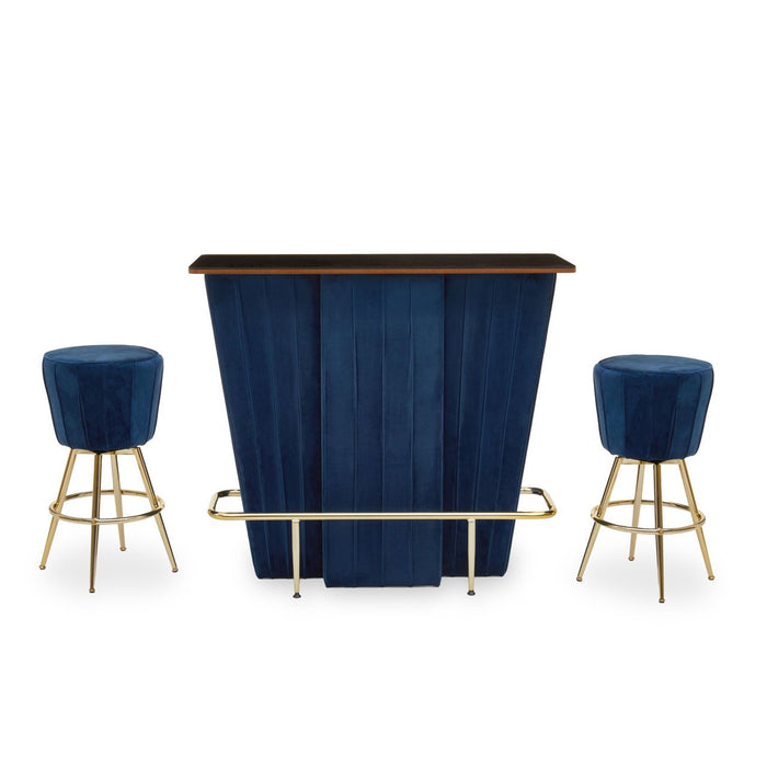 Sinatra Wooden Bar Table With 2 Midnight Blue Velvet Stools