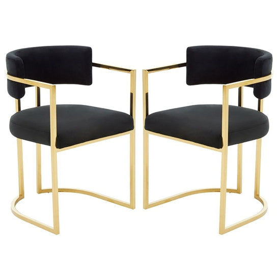 Amberley Black Velvet Upholstered Dining Chairs With Gold Base In Pair