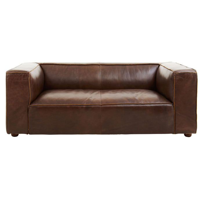 King Leather 2 Seater Sofa In Brown With Rubberwood Orb Legs