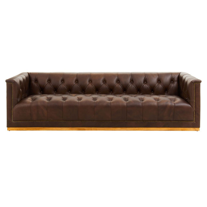 King Chesterfield Leather 3 Seater Sofa In Brown With Oakwood Base