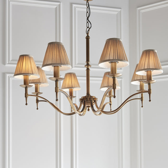 Stanford Beige Shades 8 Lights Ceiling Pendant Light In Antique Brass