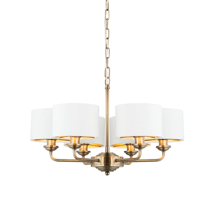 Highclere 6 Lights Vintage White Fabric Shade Ceiling Pendant Light In Antique Brass