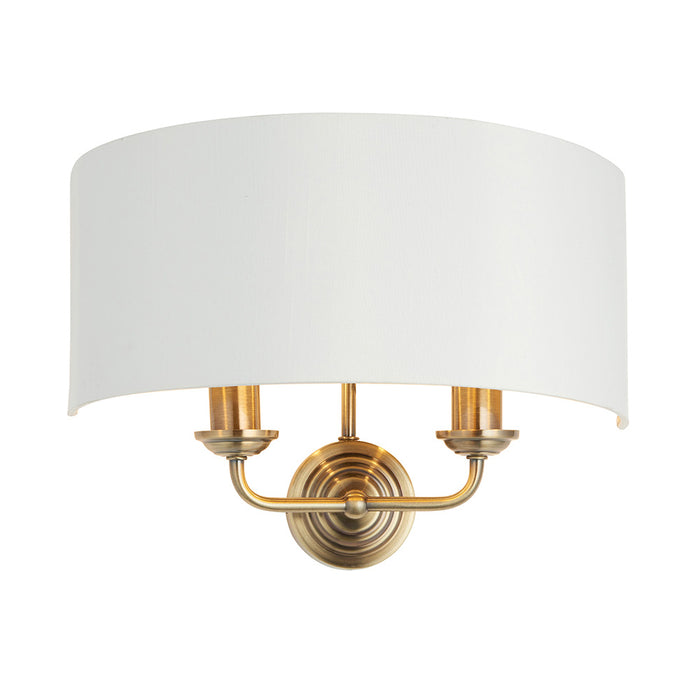 Highclere 2 Lights Vintage White Fabric Shade Wall Light In Antique Brass