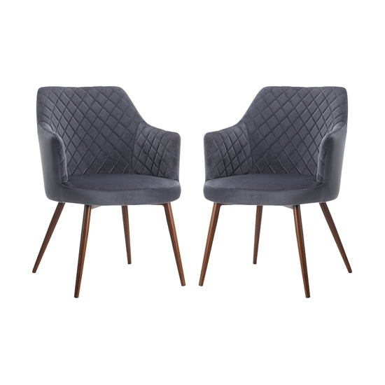 Ackleton Grey Velvet Dining Chair In Pair With Walnut Metal Legs