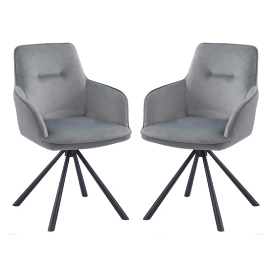 Amalia Swivel Grey French Velvet Upholstered Dining Chairs In Pair