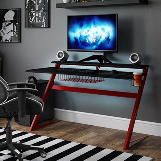 Aries Carbon Fibre Effect Gaming Desk In Black And Red