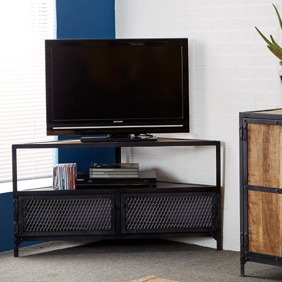 Ascot Corner Metal TV Stand In Reclaimed Wood