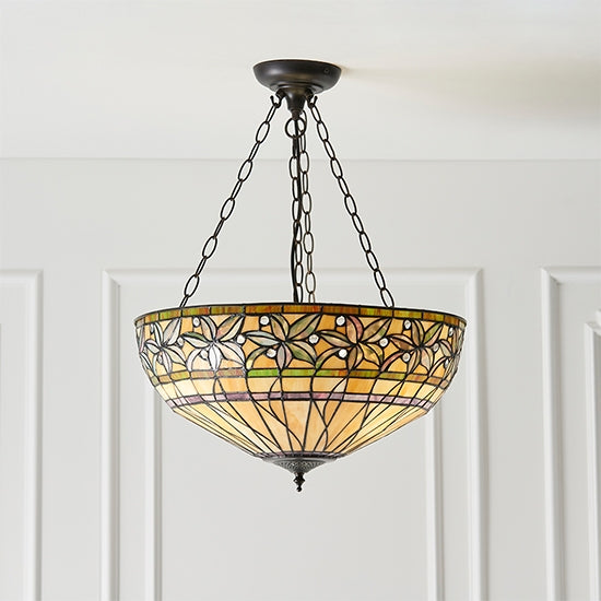 Ashtead Large Inverted Tiffany Glass 3 Lights Ceiling Pendant Light In Dark Bronze