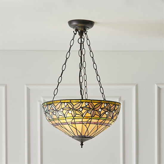 Ashtead Medium Inverted Tiffany Glass 3 Lights Ceiling Pendant Light In Dark Bronze