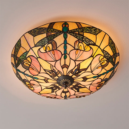 Ashton Large 2 Lights Tiffany Glass Flush Ceiling Light In Dark Bronze