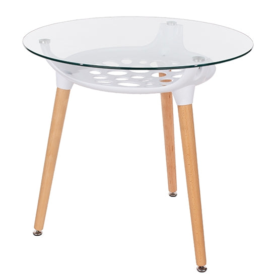 Aspen Round Clear Glass Top Dining Table With Oak Wooden Legs