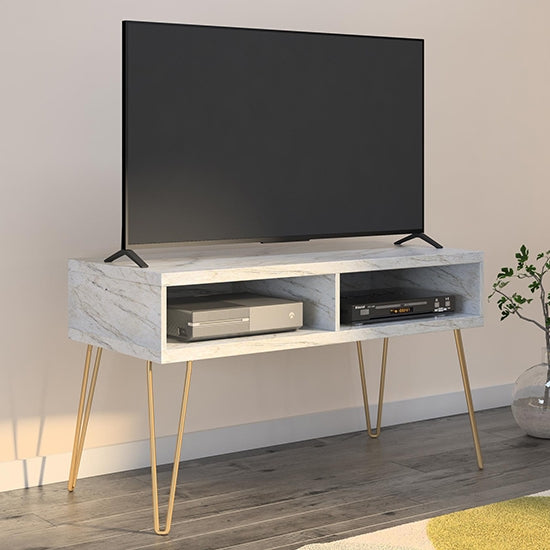 Athena Wooden Marble Effect TV Stand With 2 Shelves In White