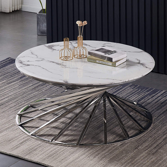 Axon Round Wooden Coffee Table In White Marble Effect With Siiver Frame