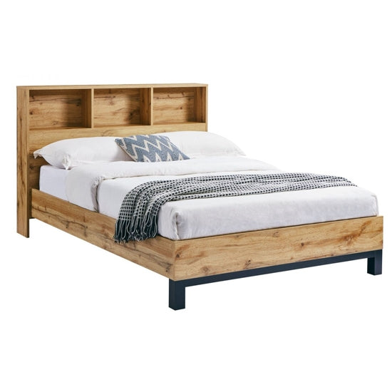 Bali Wooden King Size Bed In Oak With Bookcase Headboard