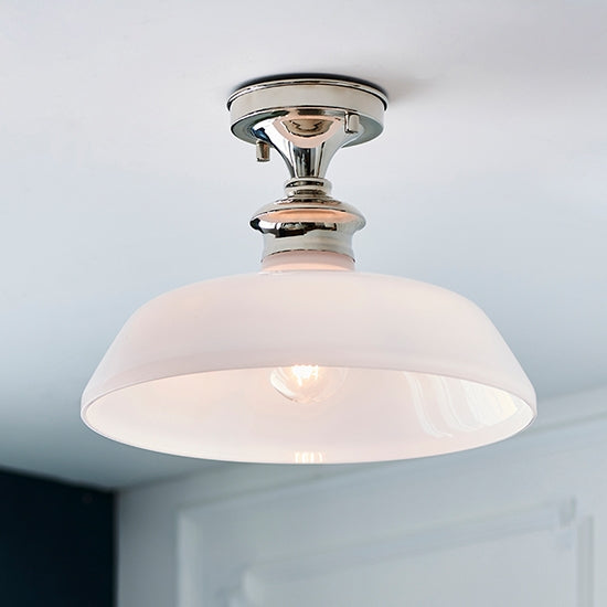 Barford Gloss Opal Glass Shade Semi Flush Ceiling Light In Bright Nickel