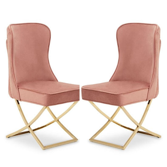 Belle Dusky Pink Velvet Dining Chairs In Pair With Gold Legs