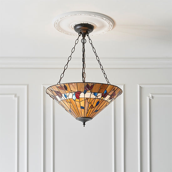 Bernwood Large Inverted Tiffany Glass 3 Lights Ceiling Pendant Light In Dark Bronze