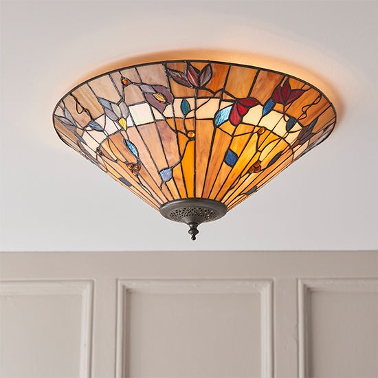 Bernwood Medium Tiffany Glass 2 Lights Flush Ceiling Light In Dark Bronze