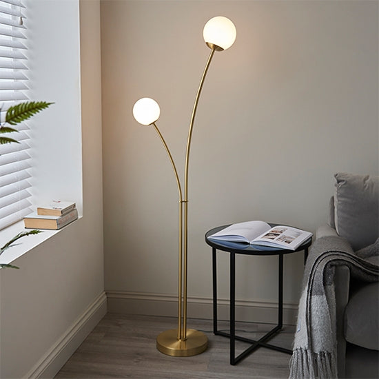 Bloom Opal Glass Shades 2 Lights Floor Lamp In Satin Brass