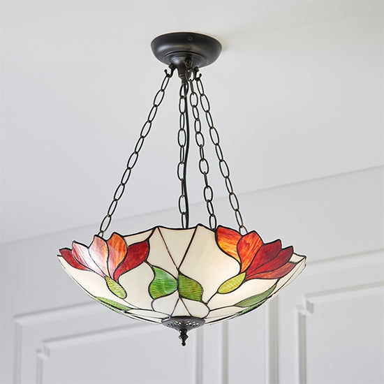 Botanica Inverted Tiffany Glass 3 Lights Ceiling Pendant Light In Dark Bronze