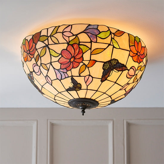 Butterfly Large 2 Lights Flush Ceiling Light In Tiffany Art Glass