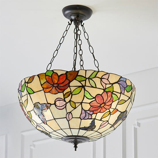 Butterfly Large Inverted Tiffany Art Glass 3 Lights Ceiling Pendant Light In Dark Bronze