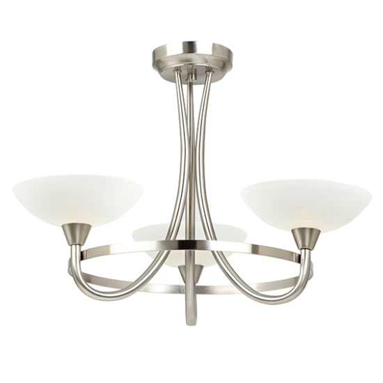 Cagney 3 Lights Matt White Glass Semi Flush Ceiling Light In Satin Chrome