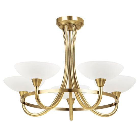 Cagney 5 Lights Matt White Glass Semi Flush Ceiling Light In Antique Brass