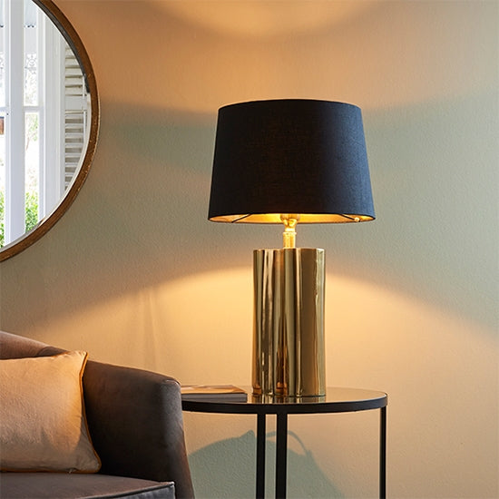 Calan Black Cotton Tapered Shade Table Lamp In Gold