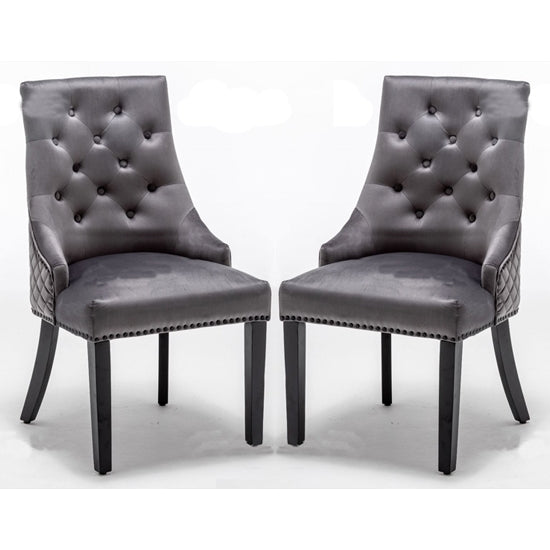 Cambridge Round Knocker Dark Grey Velvet Upholstered Dining Chair In Pair