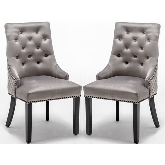 Cambridge Round Knocker Light Grey Velvet Upholstered Dining Chair In Pair