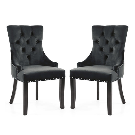 Chester Black Velvet Dining Chairs In Pair With Black Rubber Wood Legs