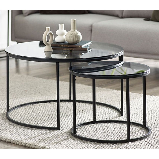 Chicago Round Smoked Glass Nesting Coffee Tables With Black Frame