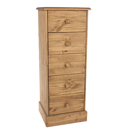 Calisa Narrow Wooden Chest Of 5 Drawers In Waxed Pine