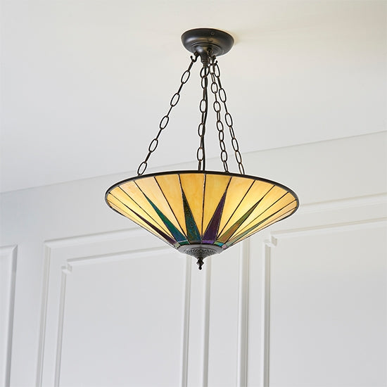 Dark Star Large Inverted Tiffany Glass 3 Lights Ceiling Pendant Light In Dark Bronze