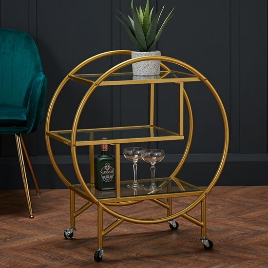 Dixie Clear Glass Shelves Drinks Trolley In Gold