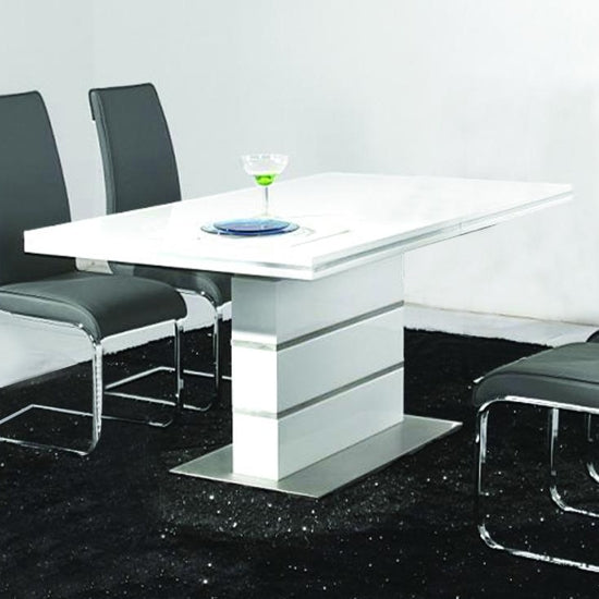 Dolores Wooden Dining Table In White High Gloss With Stainless Steel Base