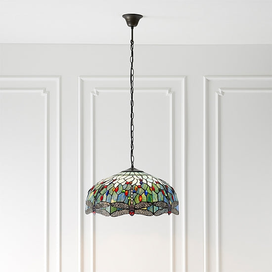 Dragonfly Large Blue Tiffany Glass 3 Lights Ceiling Pendant Light In Dark Bronze