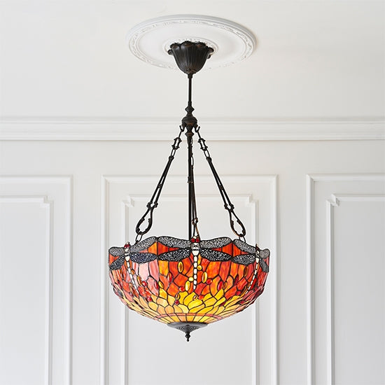 Dragonfly Large Inverted Flame Tiffany Glass 3 Lights Ceiling Pendant Light In Dark Bronze