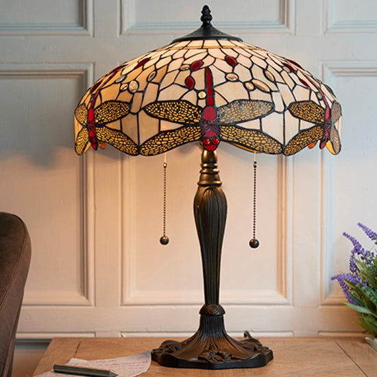 Dragonfly Medium Beige Tiffany Glass Table Lamp In Dark Bronze