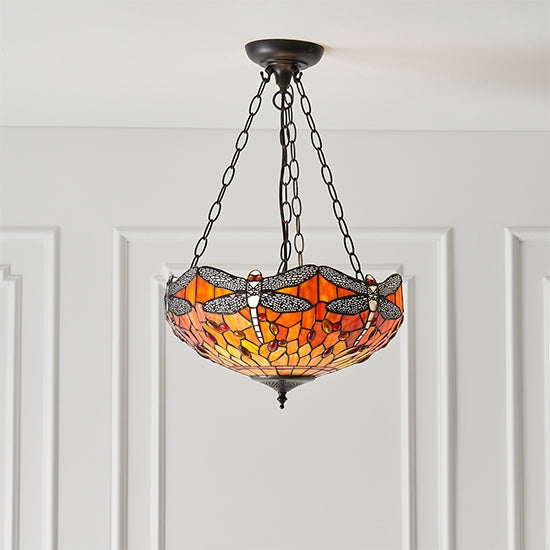 Dragonfly Medium Inverted Flame Tiffany Glass 3 Lights Ceiling Pendant Light In Dark Bronze