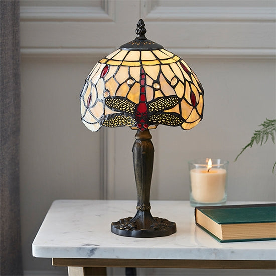 Dragonfly Mini Beige Tiffany Glass Table Lamp In Dark Bronze