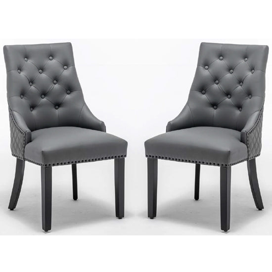 Elizabeth Round Knocker Grey Faux Leather Dining Chairs In Pair