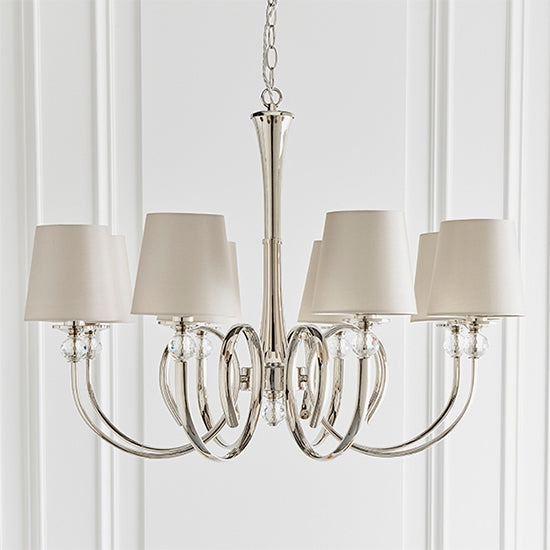 Fabia 8 Lights Ceiling Pendant Light In Polished Nickel With Marble Silk Shades